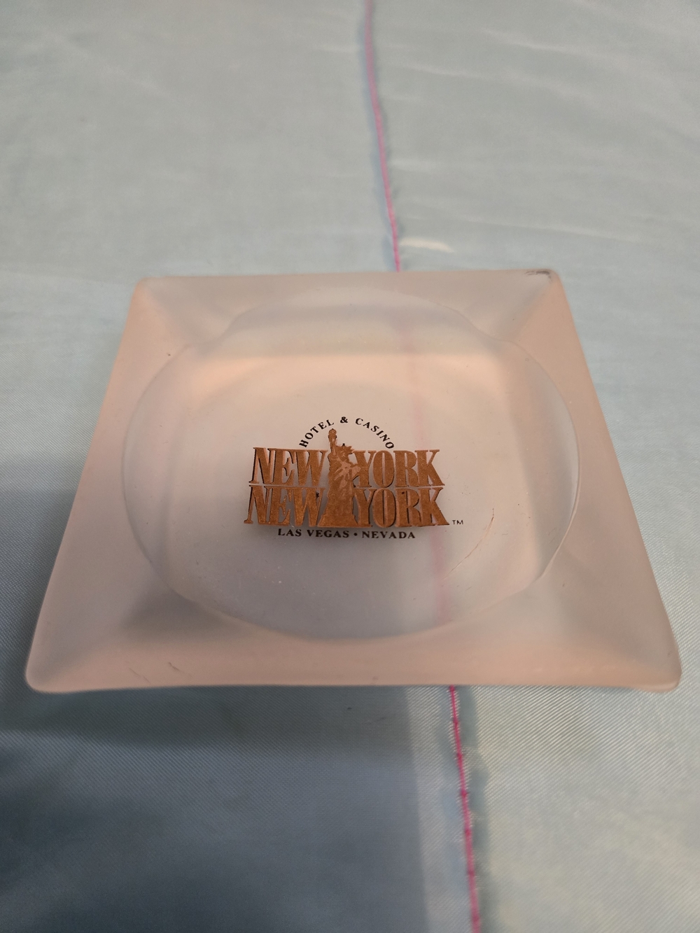 New York-New York Las Vegas Frosted Glass Ashtray Gold Accents